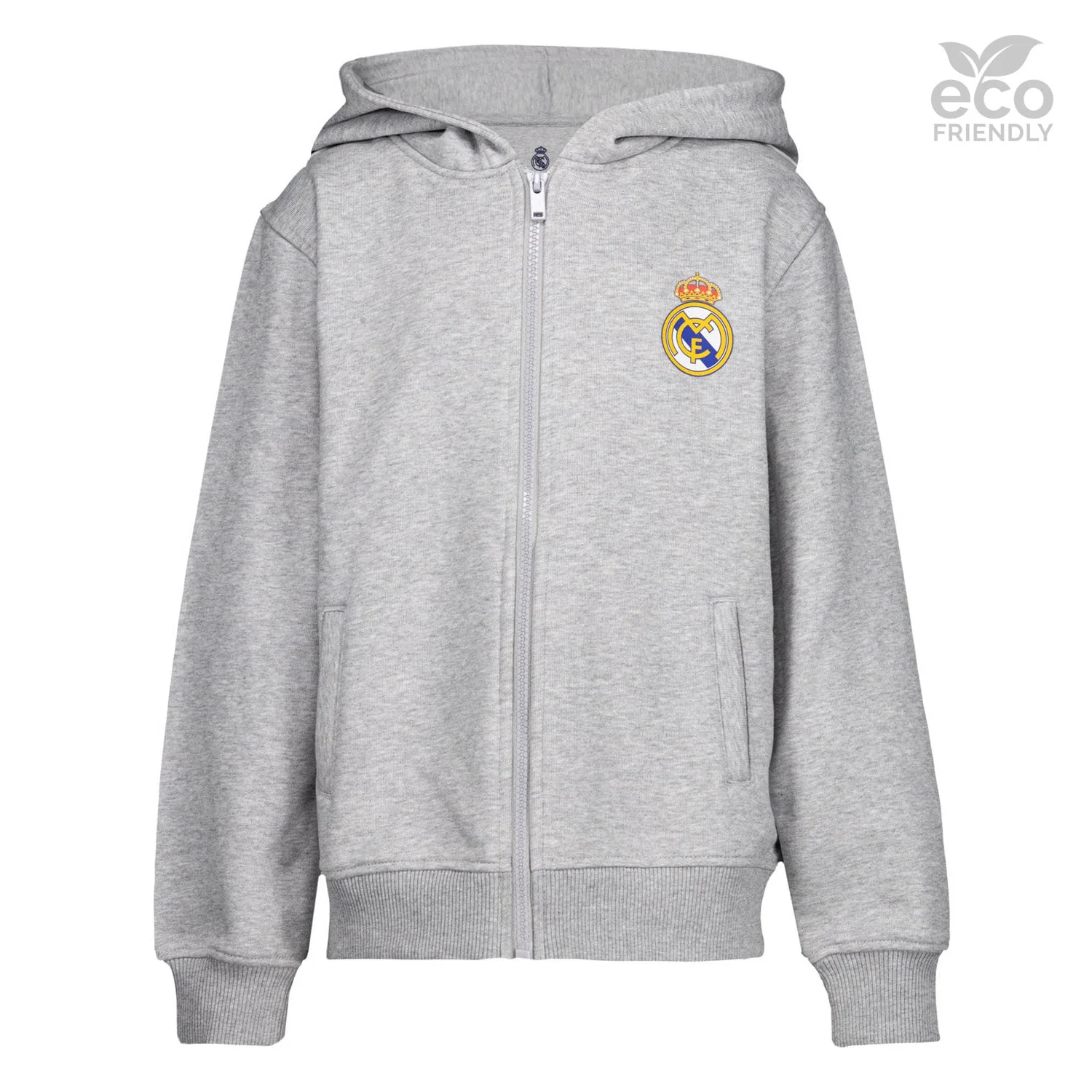 Sudadera Capucha Cremallera Niños ECO Essentials Real Madrid Escudo Gris